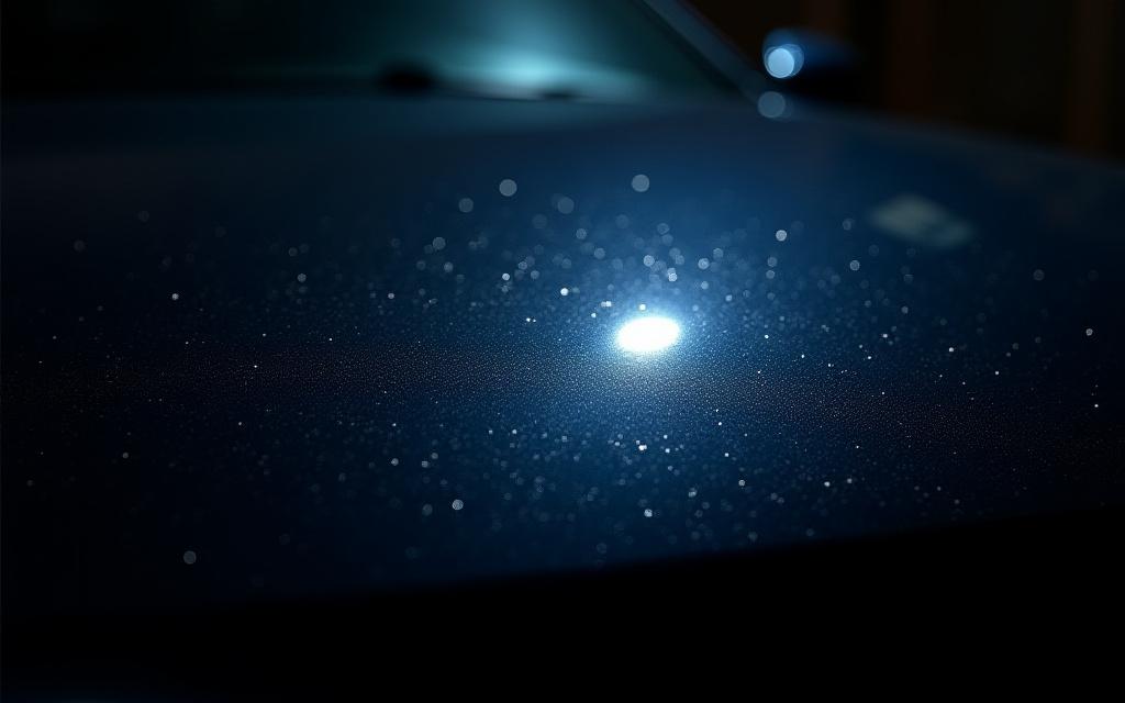 A car's paintwork covered in fine swirl marks and scratches under a bright light.